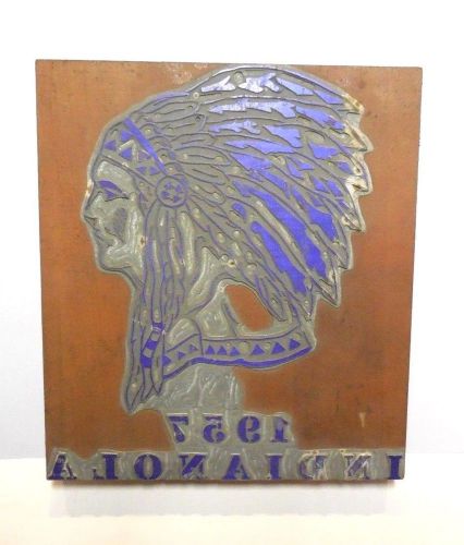 vtg 1957 INDIANOLA Indian letterpress printers block plate (school mascot ?)