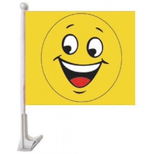 Smiley face car flag 12x15x16-1/2&#034; dealer window roll up banner / pole (1) for sale