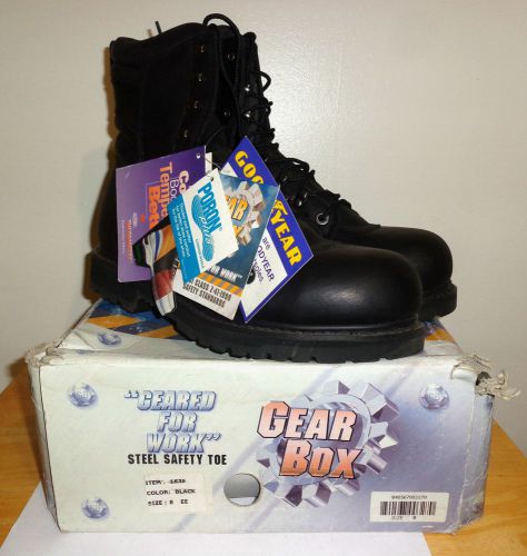 New &#034;gear box-item #1835 black leather work boots (steel toe) size 8  2e&#034; nice! for sale