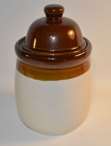 Vintage Brown and Beige Stone Ware Flour Cookie Jar Container Taiwan