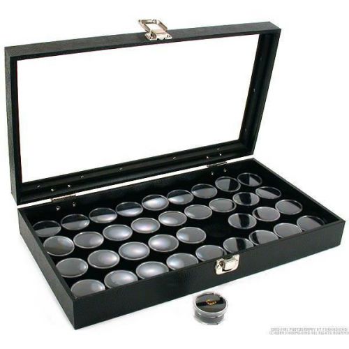 36 Gem Jars Black Display Tray Glass Lid Travel Case