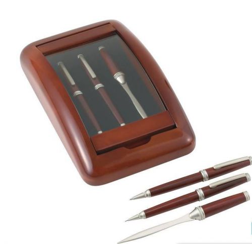 NEW Alex Navarre 3pc Pen Pencil And Letter Opener In A Wood And Glass Case gift