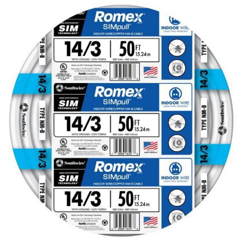 Romex simpull 50-ft 14-3 nm-b gauge indoor electrical non-metallic wire cable for sale