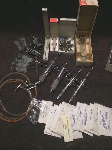 Lot glass &amp; stainless hypodermic syringe w/frosted plunger &amp; accessories  look! for sale