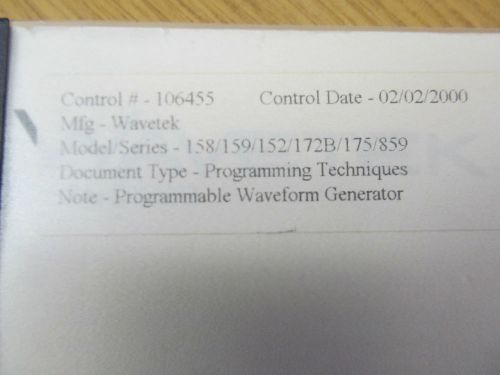 Wavetek 158,159,152,,172B,175,859 Progammable Waveform Gen: Progr Tech Manual