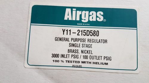 New Airgas Regulator Single Stage Brass Nickel 3000 Inlet/100 Outlet Y11-215D580
