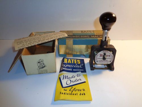 VINTAGE BATES SPECIAL NUMBERING MACHINE w/ORIG BOX &amp; BOOKLET. 6 WHEELS, STYLE E