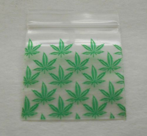 100 (1.5x1.5) Small Green Marijuana Leaf Baggies 1515 Tiny Ziploc Poly Dime Bags