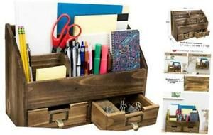 Rustic Wood Office Desk Organizer: Includes 6 Compartments and 2 Dark Brown