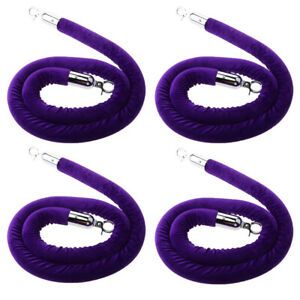 4pcs Purple Velvet Queue Line Rope Barrier Crowd Control w/ Silver Hooks