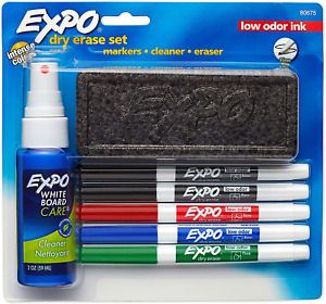 Expo Low Odor Dry Erase Marker Set with White Board Eraser and Cleaner, Fine Tip