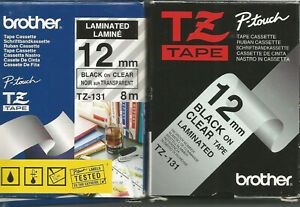 (2) Brother Tape Cassettes TZ-131 P-Touch 12mm x 8m Black on Clear  1 NEW 1 Open