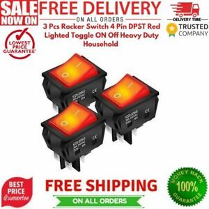 3 Pcs Rocker Switch 4 Pin DPST Red Lighted Toggle ON Off Heavy Duty Household