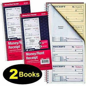 2 Books, Adams SC1152 Money/Rent Receipt Book, 2-Pt Carbonless, 200 Sets