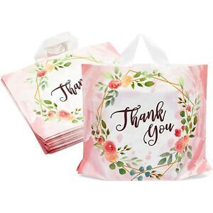 Floral Thank You Bags for Grocery Shopping, Retail (Pink, 15 x 12 in, 50 Pack)