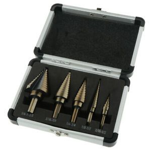 5PCS Titanium Step Drill Bit Set HSS Step Drill Bits Set with Aluminum Case