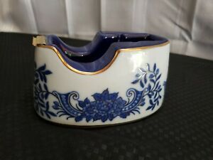 Vintage White, Cobalt Blue Gold Trim Floral Ceramic Tape Dispenser. Handpainted
