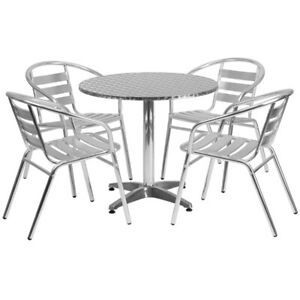 31.5&#039;&#039; Round Aluminum Indoor-Outdoor Table with 4 Slat Back Chairs