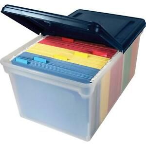 Innovative Storage Designs Plastic Letter File Tote W/ Hinged Lid, Clear/Navy