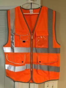Zippered Orange Reflective Safety Vest High Visibility Multiple Pockets Size M