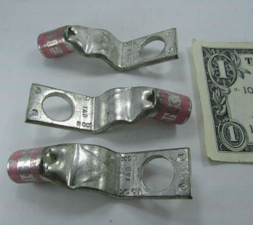 3 Large T&amp;B 1/0 AWG Cable 1/2&#034; Stud Offset Ring Terminals Pink Die Solid Copper