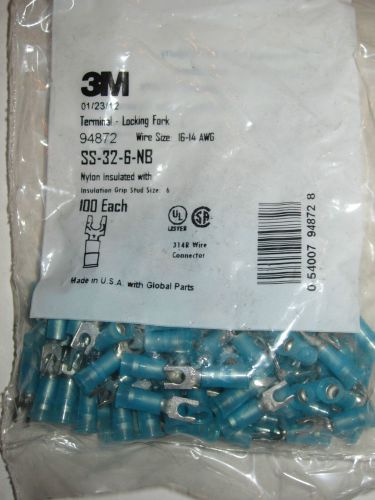 New 3m 94872 nylon insulated locking fork terminal 16-14 awg 100 pack blue #6 for sale