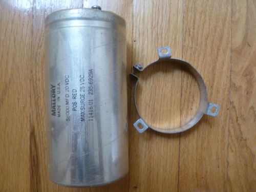 Mallory 58,000uf 20vdc electrolytic capacitor with clamp mounting bracket for sale