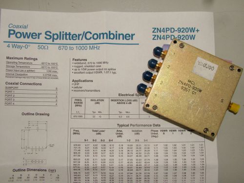 SPLITTER / COMBINER 4 WAY 670MHz - 1000MHz 10W ZN4PD-920W
