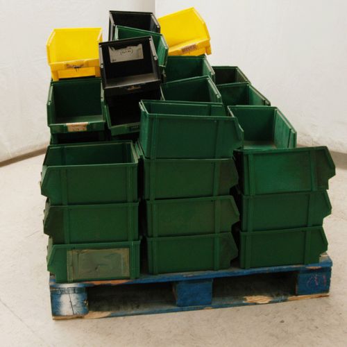Lot of 59 lewis systems pb-4 plastic part tote stack hang container storage bins for sale