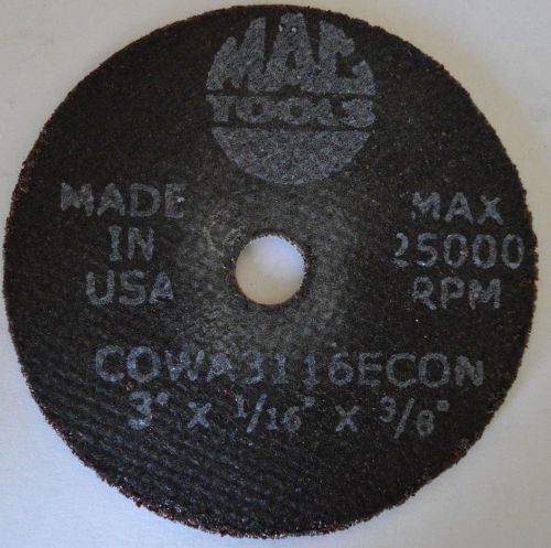 Mac tools cut-off wheels aluminum oxide 3&#034; x 1/16&#034; x 3/8&#034; – 54 grit – cow3116e for sale