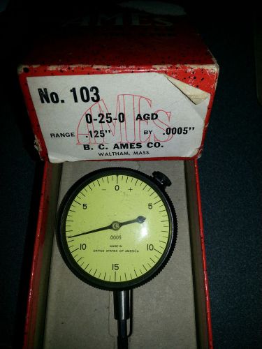 Ames NO 103 Dial Indicator Gauge .125&#034; BY .0005&#034; IN ORIGINAL BOX