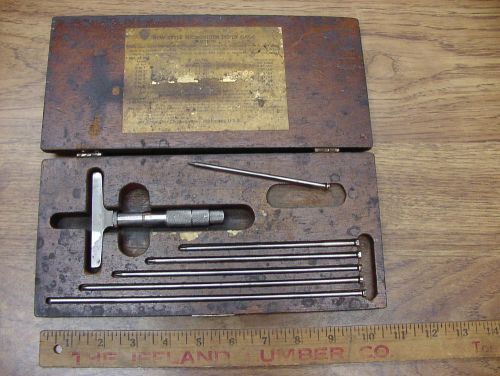 Old used tools, lufkin no. 513-n depth gauge micrometer w/6 rods &amp; original box for sale