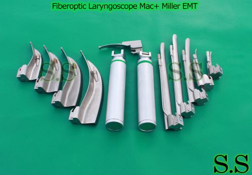 Fiberoptic Laryngoscope Mac+ Miller EMT Anesthesia Combo SET 10 BLADES 2 HANDLES