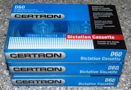 Factory sealed! pack of 3 certron d60 dictation cassettes 60mins. rec. time each for sale