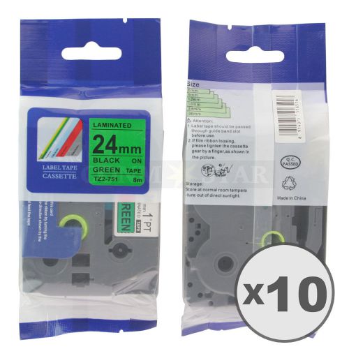 10pk Black on Green Tape Label for Brother P-Touch TZ TZe 751 24mm 1&#034; 26.2ft