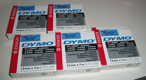 LOT 5 NEW Dymo D1 1/2&#034; Label Cassette 1/2&#034; x 23&#039; 45016 Black/ Blue Label Tape