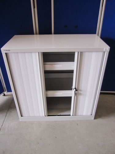 Grey Bisley tambour door cabinet with two shelves 1015mm x 1000mm x 470mm