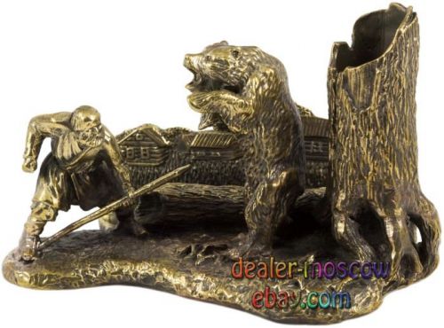 Bronze Solid Brass Card Holder IronWork Russian Hunting for a Bear Figurine