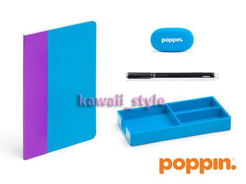 Poppin POOL BLUE Desktop Accessory Writing Set Notebook + Silver Metal Pen + NEW