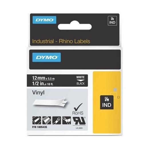 Dymo 1805435 rhino 1/2&#034; black vinyl tape, white print for sale