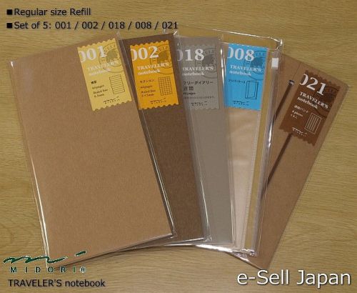 MIDORI TRAVELER&#039;S notebook Regular size Refill Set of 5: 001/ 002/ 018/ 008/ 021