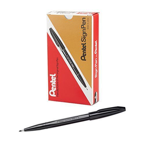 Pentel Sign Pen, Fiber-Tipped, Black Ink, Box of 12 (S520-A) New