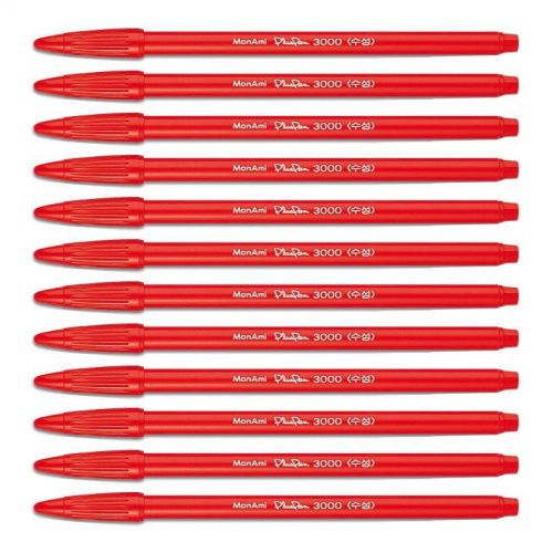 Monami Plus Pen 3000 Water Based Ink Type Felt tip broad line pen (Red 12 PCS)