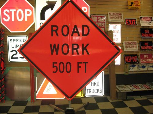 Road Work 500 ft Fluorescent Vinyl With Ribs Road Sign 48&#034; X 48&#034;