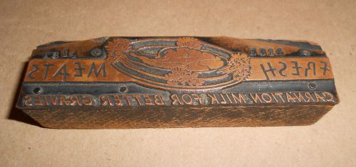 Vintage Brass Press Plate Wood Ink Stamp &#034;Carnation Milk for Better Gravies&#034;