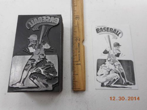 Letterpress Printing Printers Block, Baseball, word above Batter &amp; Catcher