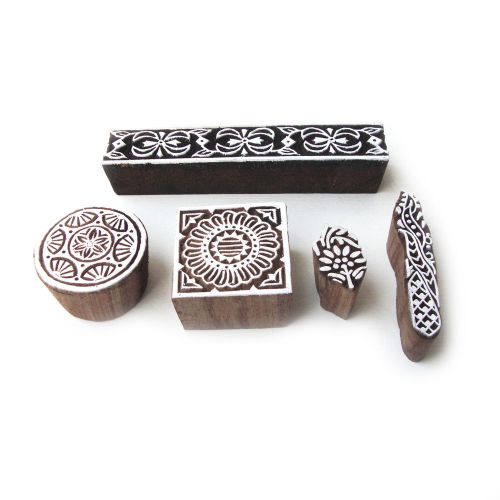 Multi Hand Carved Floral Designs Wooden Tag Blocks (Set of 5)