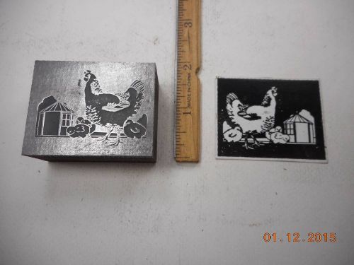 Letterpress Printing Printers Block, Farm Chicken Hen w Baby Chicks