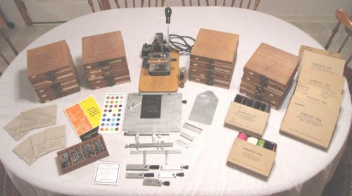VINTAGE KINGSLEY GOLD FOIL STAMPING MACHINE 20 BOXES FONTS GUIDES ACCESSORIES