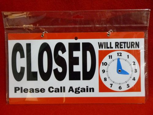 NEW - Red Hanging Reversible Open Closed Sign With Will Return Clock 6&#034; x 11.5&#034;